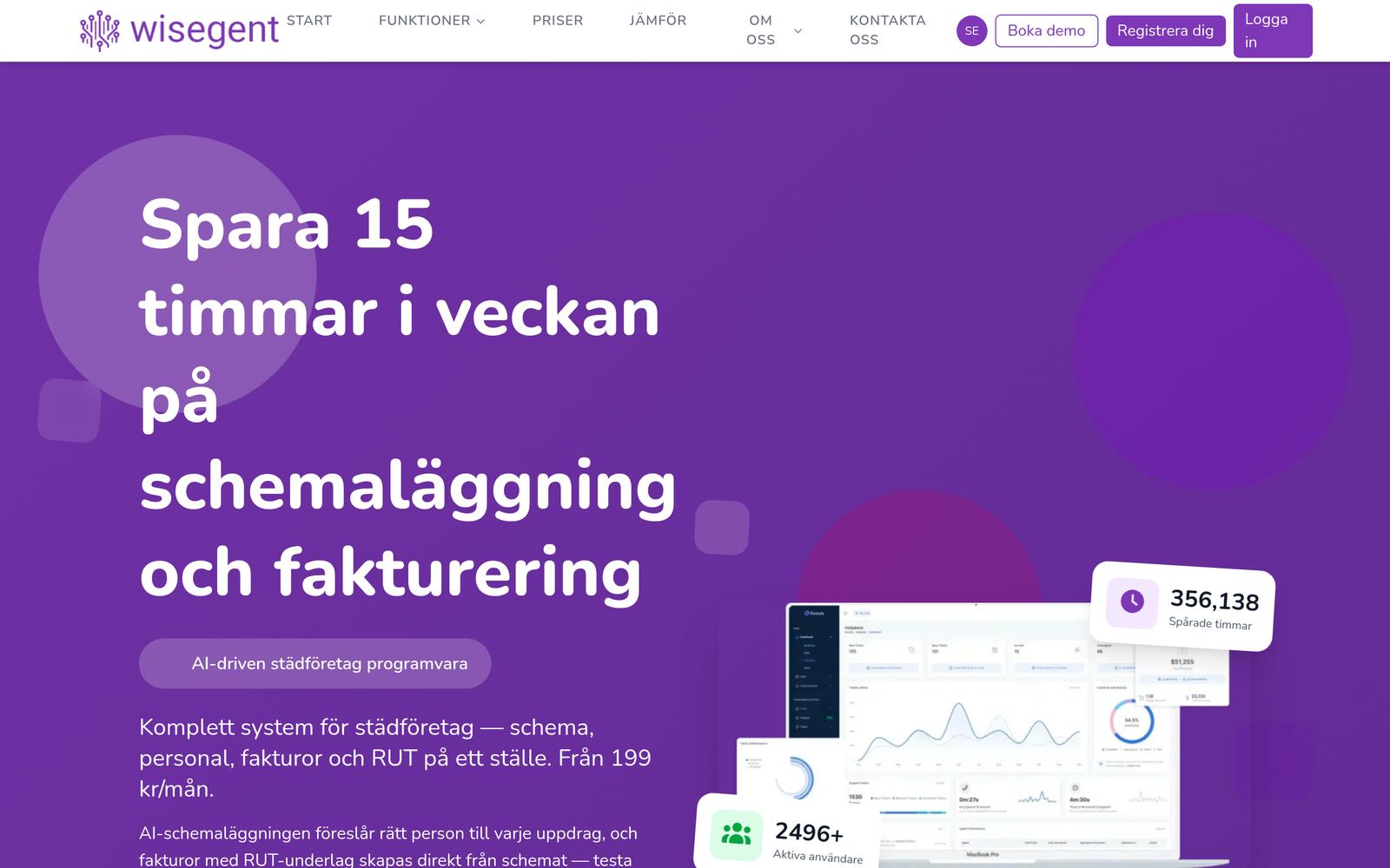 Skärmbild av startsidan på wisegent.se, system för städföretag.